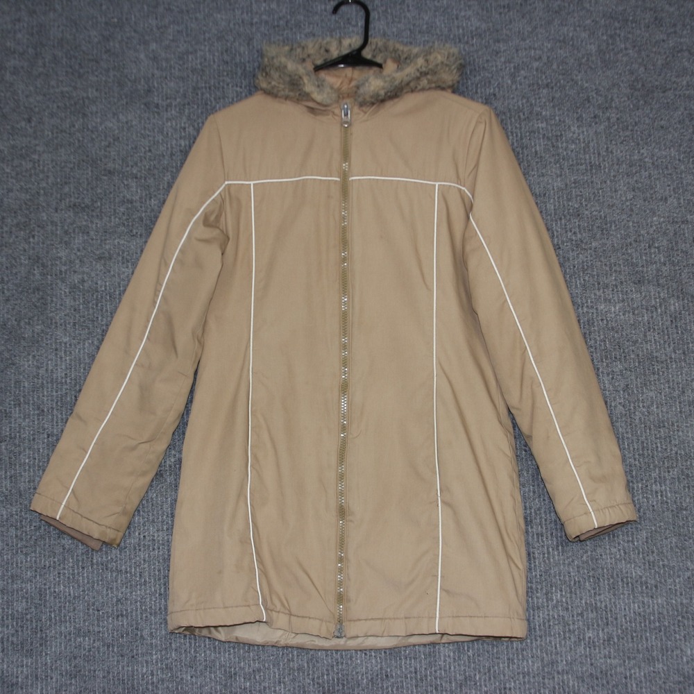 ONLY Outerwear Women Tan Faux Fur Hooded Parka Jacket Size Large Parka Coat